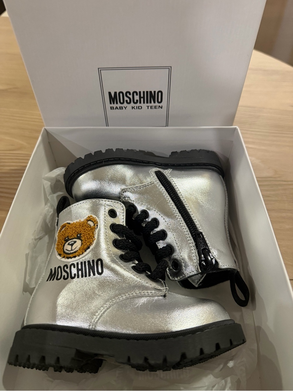 Moschino Silver Kids Metallic Teddy Patch Lace-Up Boots